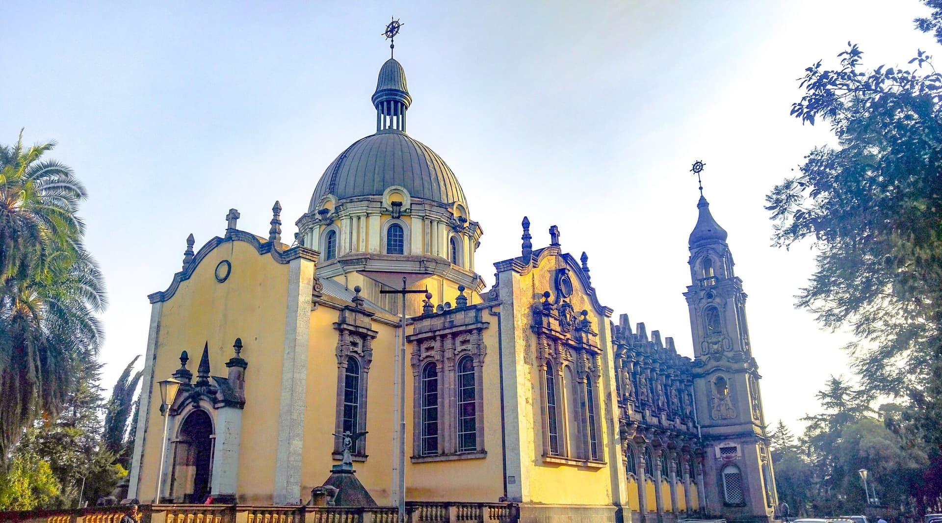 De Holy Trinity-kathedraal in Addis Abeba met haar koepel en klokkentoren, omringd door palmbomen onder een lichte lucht