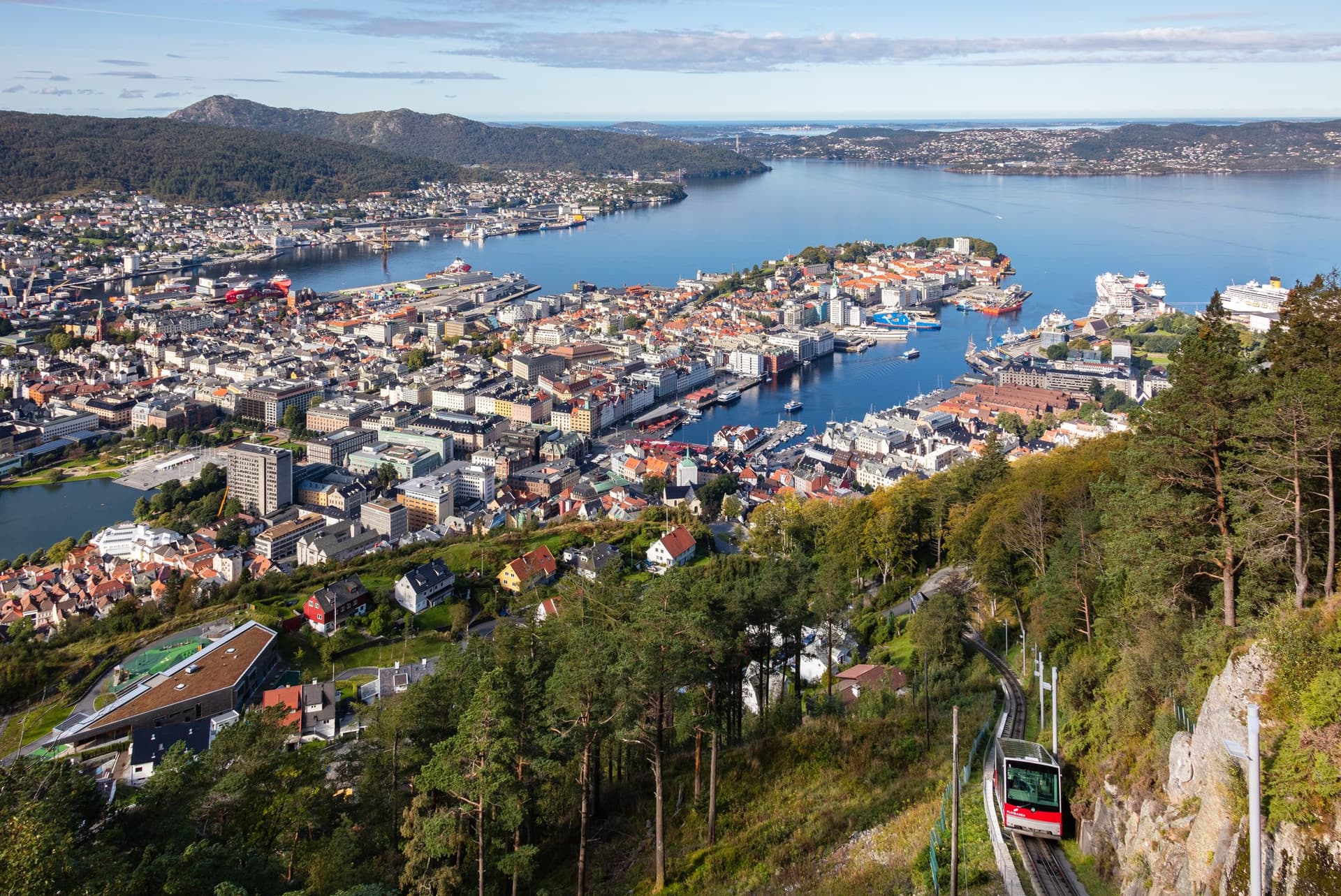 Uitzicht vanaf de berg Fløyen over Bergen, de haven Vågen en de fjord, met rechtsonder de kabelspoorbaan Fløibanen