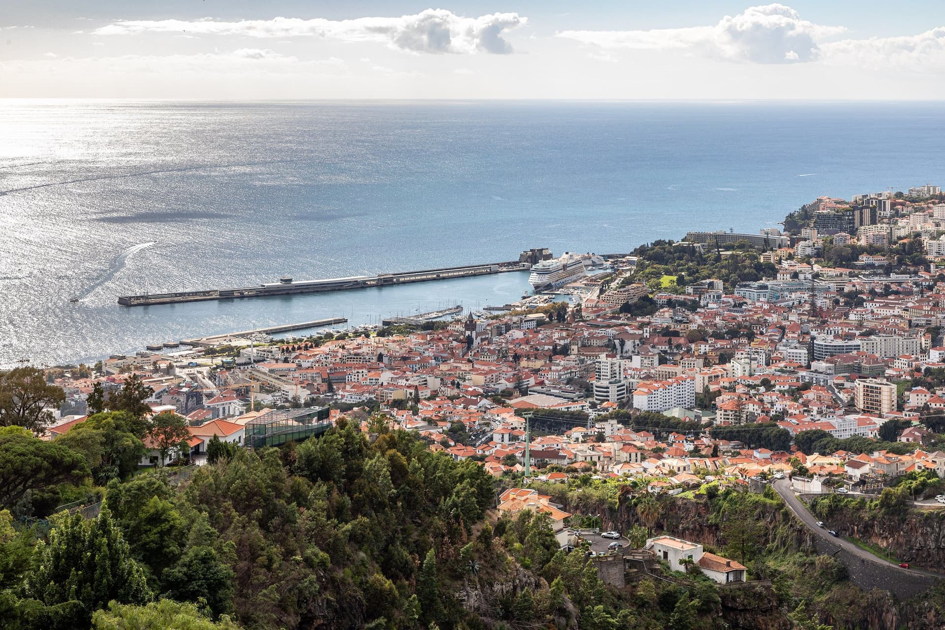 Uitzicht vanuit de botanische tuin over Funchal op Madeira, met de haven, de pier en de Atlantische Oceaan