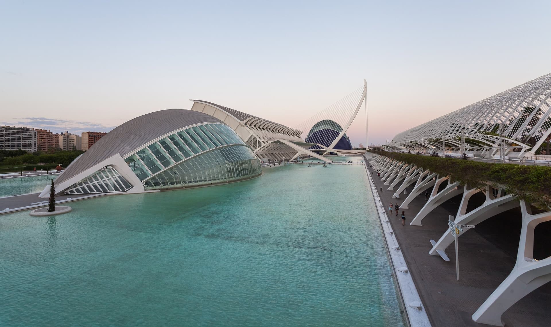 Het witte Hemisfèric en het Museu de les Ciències van de Ciutat de les Arts i les Ciències in Valencia, weerspiegeld in turquoise water